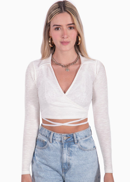 Crop top manga larga con escote en v y anudados color blanco, marfil para mujer - Flashy