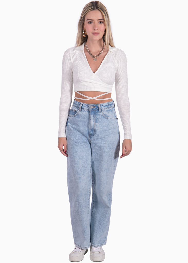 Crop top manga larga con escote en v y anudados color blanco, marfil para mujer - Flashy