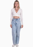 Crop top manga larga con escote en v y anudados color blanco, marfil para mujer - Flashy