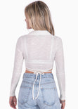 Crop top manga larga con escote en v y anudados color blanco, marfil para mujer - Flashy