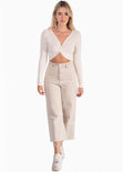 Crop top manga larga con escote entorchado color blanco para mujer - Flashy
