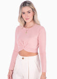 Buzo crop manga larga con escote entorchado color rosado para mujer - Flashy