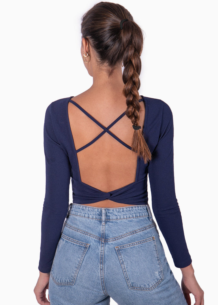 Crop top manga larga con espalda descubierta color azul para mujer - Flashy