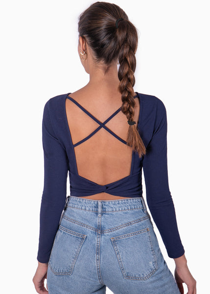 Crop top manga larga con espalda descubierta color azul para mujer - Flashy