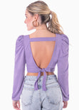 Crop top manga larga con recogido y mangas embombadas color lila para mujer - Flashy