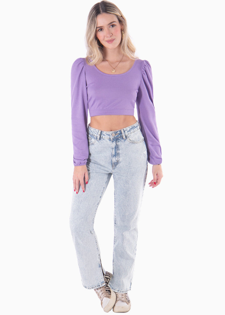 Crop top manga larga con recogido y mangas embombadas color lila para mujer - Flashy