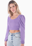 Crop top manga larga con recogido y mangas embombadas color lila para mujer - Flashy