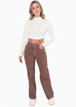 Crop top manga larga cuello alto con anudados en costados color marfil para mujer - Flashy