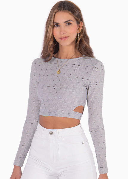 Crop top manga larga de ojalillo color gris para mujer - Flashy