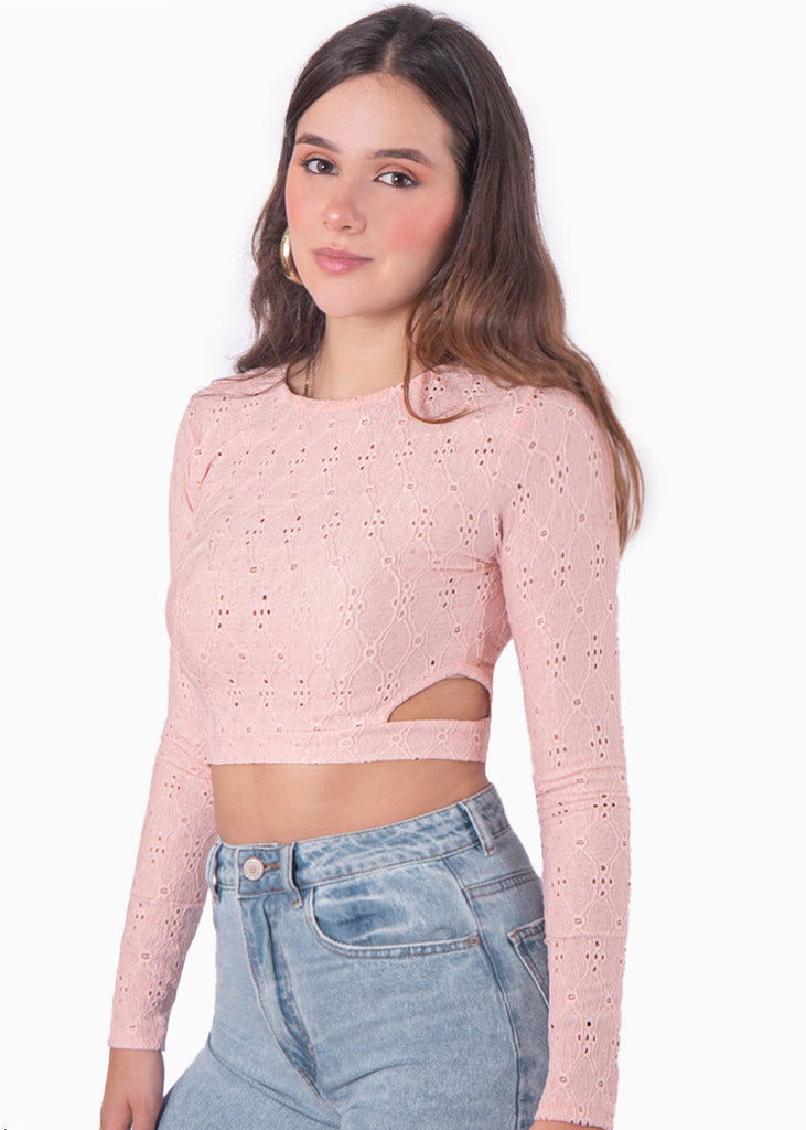 Crop top manga larga de ojalillo color rosado para mujer - Flashy