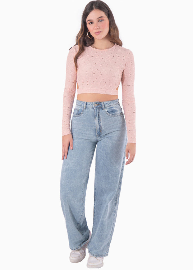 Crop top manga larga de ojalillo color rosado para mujer - Flashy