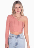 Crop top manga larga de un solo hombro color rosado para mujer - Flashy