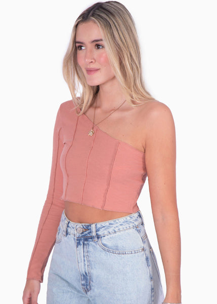 Crop top manga larga de un solo hombro color rosado para mujer - Flashy