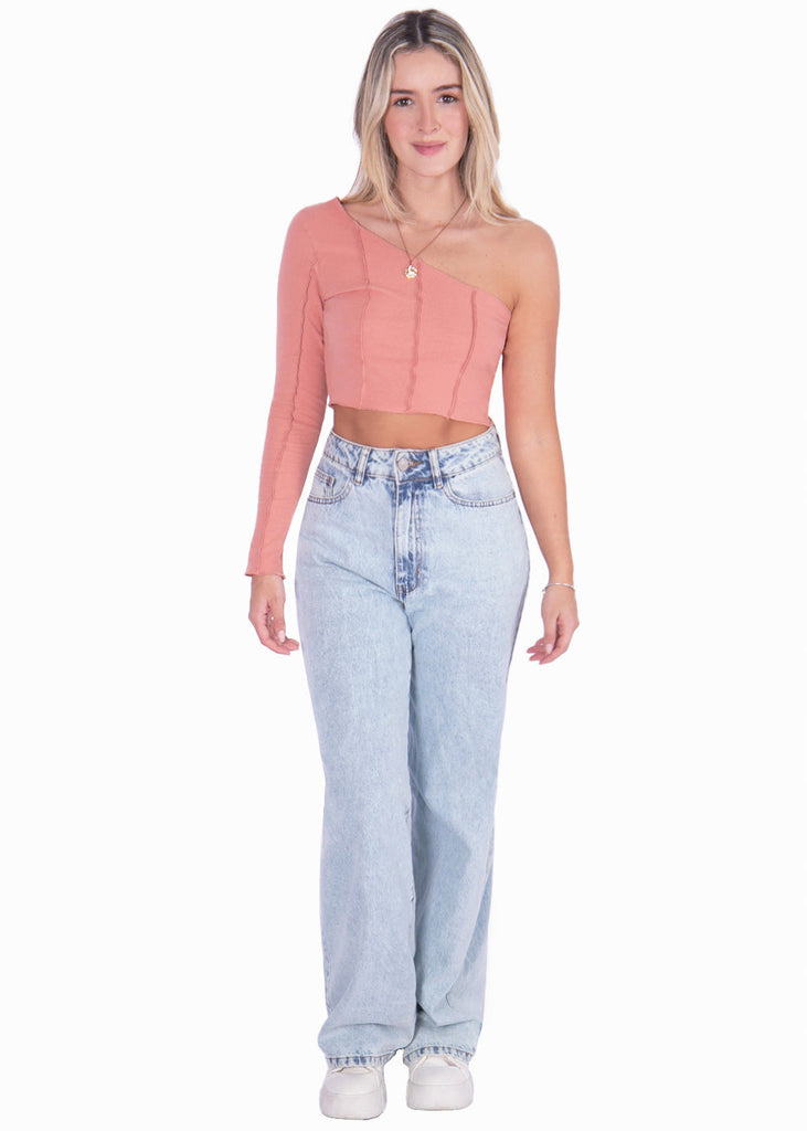 Crop top manga larga de un solo hombro color rosado para mujer - Flashy