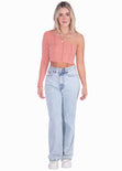 Crop top manga larga de un solo hombro color rosado para mujer - Flashy