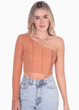 Crop top manga larga de un solo hombro color coral para mujer - Flashy