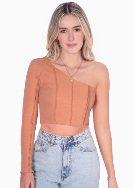 Crop top manga larga de un solo hombro color coral para mujer - Flashy