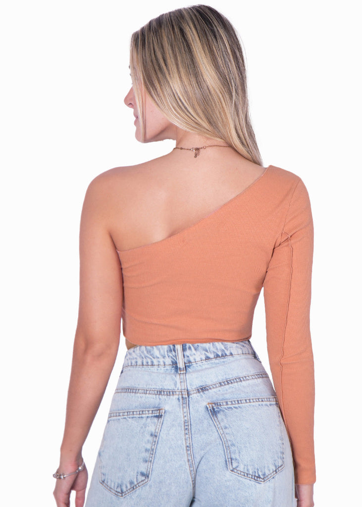 Crop top manga larga de un solo hombro color coral para mujer - Flashy