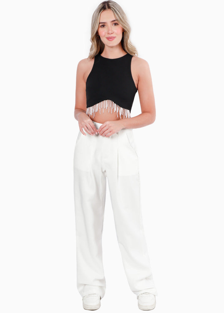 Crop top sin mangas con apliques de perlas color negro para mujer - Flashy
