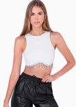Crop top sin mangas con apliques de piedras brillantes color marfil, blanco para mujer - Flashy