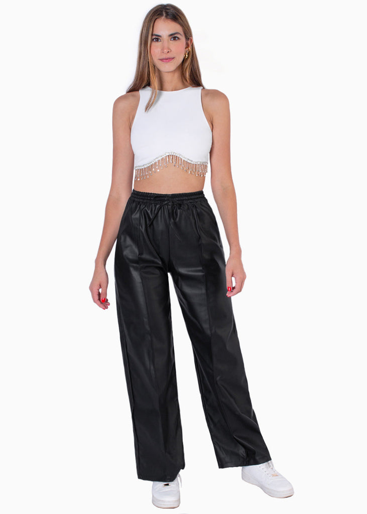 Crop top sin mangas con apliques de piedras brillantes color marfil, blanco para mujer - Flashy