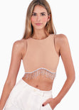 Crop top sin mangas con apliques de piedras brillantes color café para mujer - Flashy