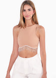 Crop top sin mangas con apliques de piedras brillantes color café para mujer - Flashy