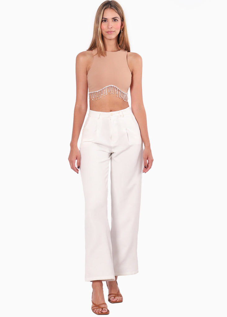Crop top sin mangas con apliques de piedras brillantes color café para mujer - Flashy