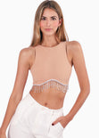 Crop top sin mangas con apliques de piedras brillantes color café para mujer - Flashy
