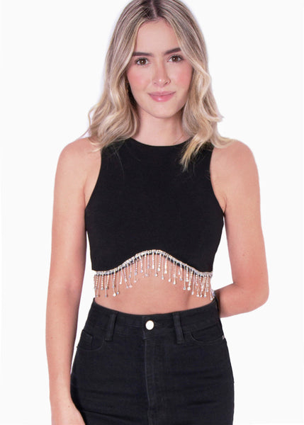 Crop top sin mangas con apliques de piedras brillantes color negro para mujer - Flashy