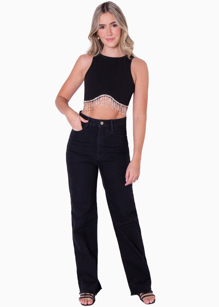 Crop top sin mangas con apliques de piedras brillantes color negro para mujer - Flashy
