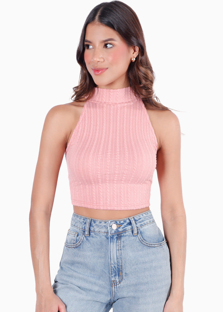 Crop top sin mangas con cuello halter color rosado para mujer - Flashy