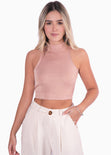 Crop top sin mangas con espalda descubierta y cuello halter color rosado para mujer - Flashy