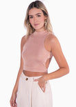Crop top sin mangas con espalda descubierta y cuello halter color rosado para mujer - Flashy