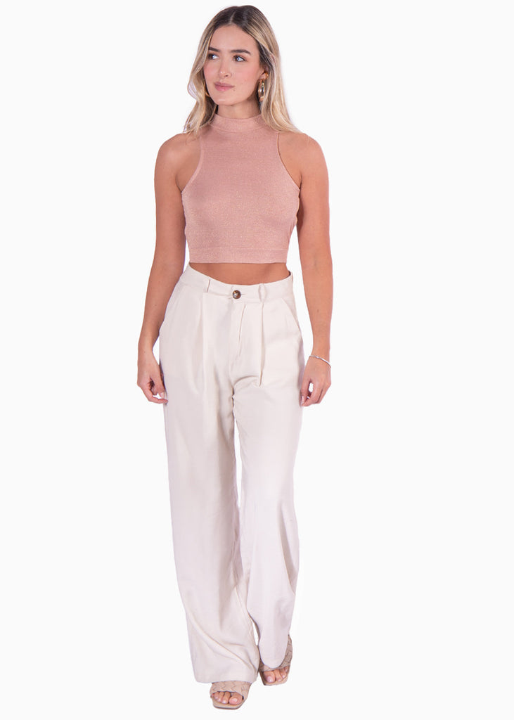 Crop top sin mangas con espalda descubierta y cuello halter color rosado para mujer - Flashy