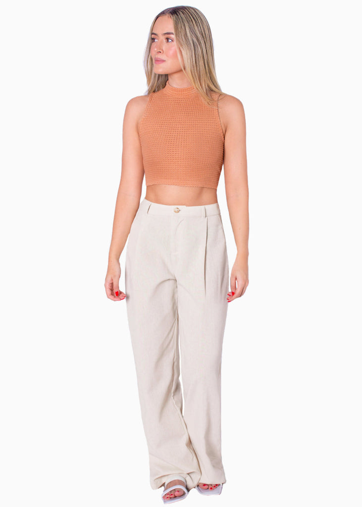 Crop top sin mangas con espalda descubierta y cuello halter color naranja para mujer - Flashy