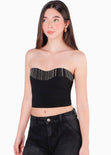 Crop top strapless con aplique de cadenas en escote color negro para mujer - Flashy