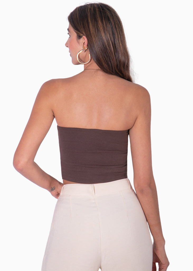 Crop top strapless con aro en escote color café para mujer - Flashy