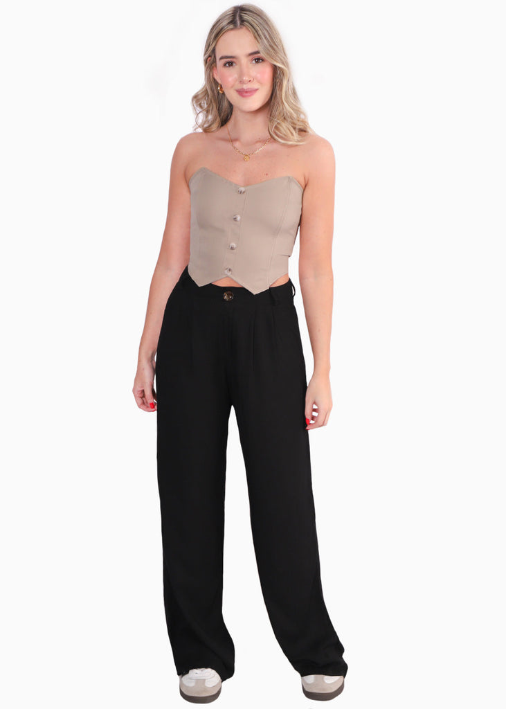 Crop top strapless con botones color beige para mujer - Flashy