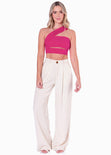Crop top strapless con cut out y cargadera en diagonal color fucsia para mujer - Flashy