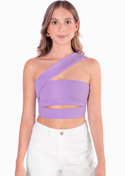 Crop top strapless con cut out y cargadera en diagonal color lila para mujer - Flashy