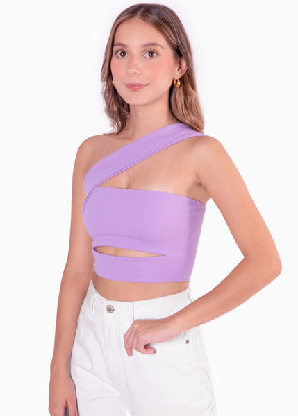 Crop top strapless con cut out y cargadera en diagonal color lila para mujer - Flashy