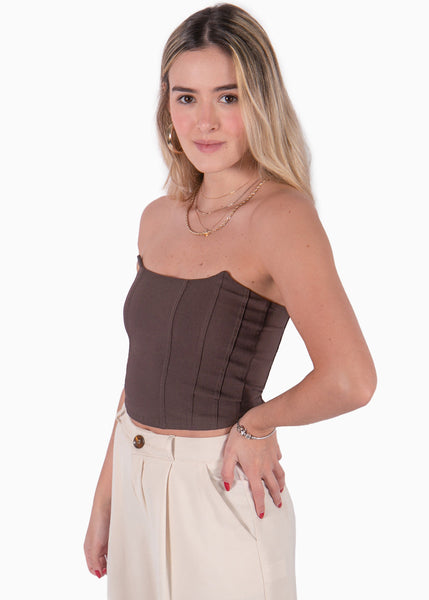 Crop top strapless con puntas color café para mujer - Flashy