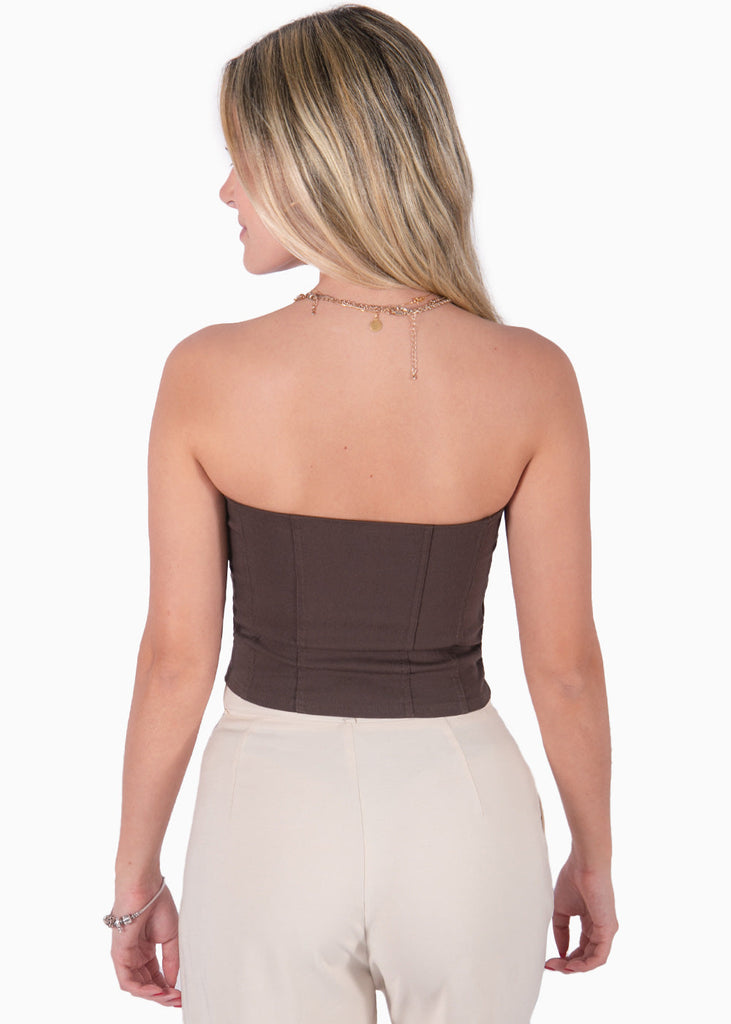 Crop top strapless con puntas color café para mujer - Flashy