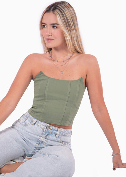 Crop top strapless con puntas color verde para mujer - Flashy