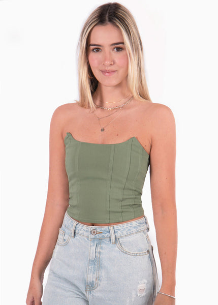 Crop top strapless con puntas color verde para mujer - Flashy