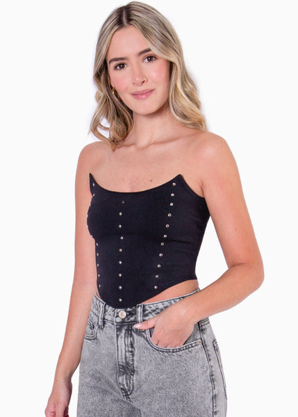 Crop top strapless con puntas y taches color negro para mujer - Flashy