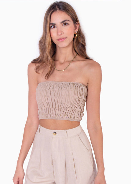 Crop top strapless con recogidos color beige para mujer - Flashy
