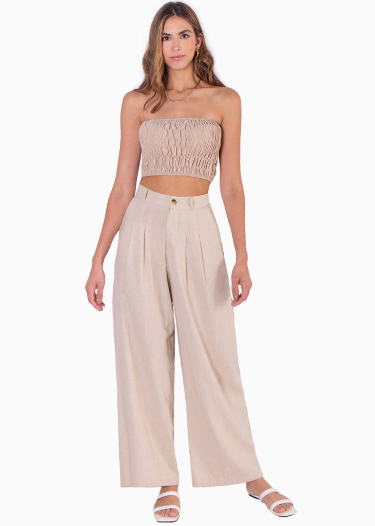 Crop top strapless con recogidos color beige para mujer - Flashy