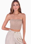 Crop top strapless con recogidos color beige para mujer - Flashy